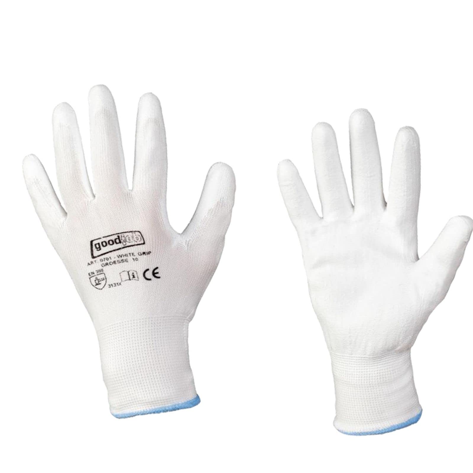 D2D | 48 Paar - White Grip Handschuhe - Größe: 8 (M) - Weiß aus Polyester mit einer PU Beschichtung - Norm EN 388 - Arbeitshandschuhe - PU-Montagehandschuhe