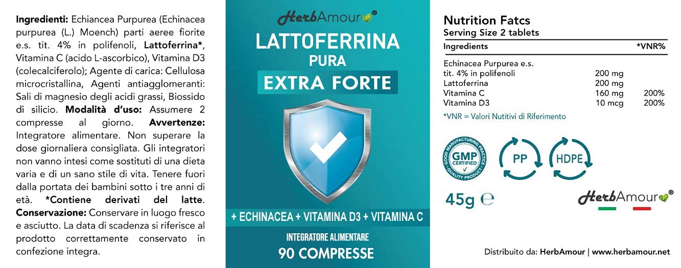 LATTOFERRINA Pura, Integratore Lattoferrina 90 Compresse ad Alto Dosaggio, con Echinacea, Vitamina D3 e Vitamina C