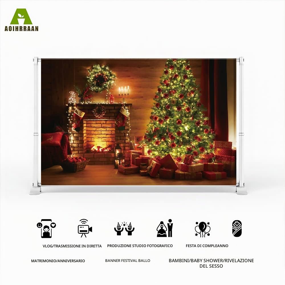 Aoihrraan 3x2m Sfondo di Natale Camino A Muro Mattoni Con Albero Natale Glitterato Sfondo Fotografico Baby Shower Felice Anno Nuovo Holiday Party Banner Ritratto Photo Studio Puntelli