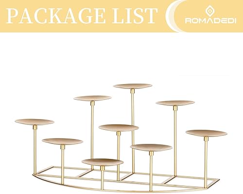 Miniatura 6 de Romadedi Portavelas para chimenea, 9 candelabros, para velas de pilar, soporte de velas doradas, mesa de hierro, centro de mesa, manto, decoración