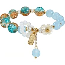 Healing Crystal Bracelet for Women Blue Chalcedony Bracelet with Floral | Meditation Bracelet Jewelry for Stress, Birthday Gifts for Mom Wife Grandma