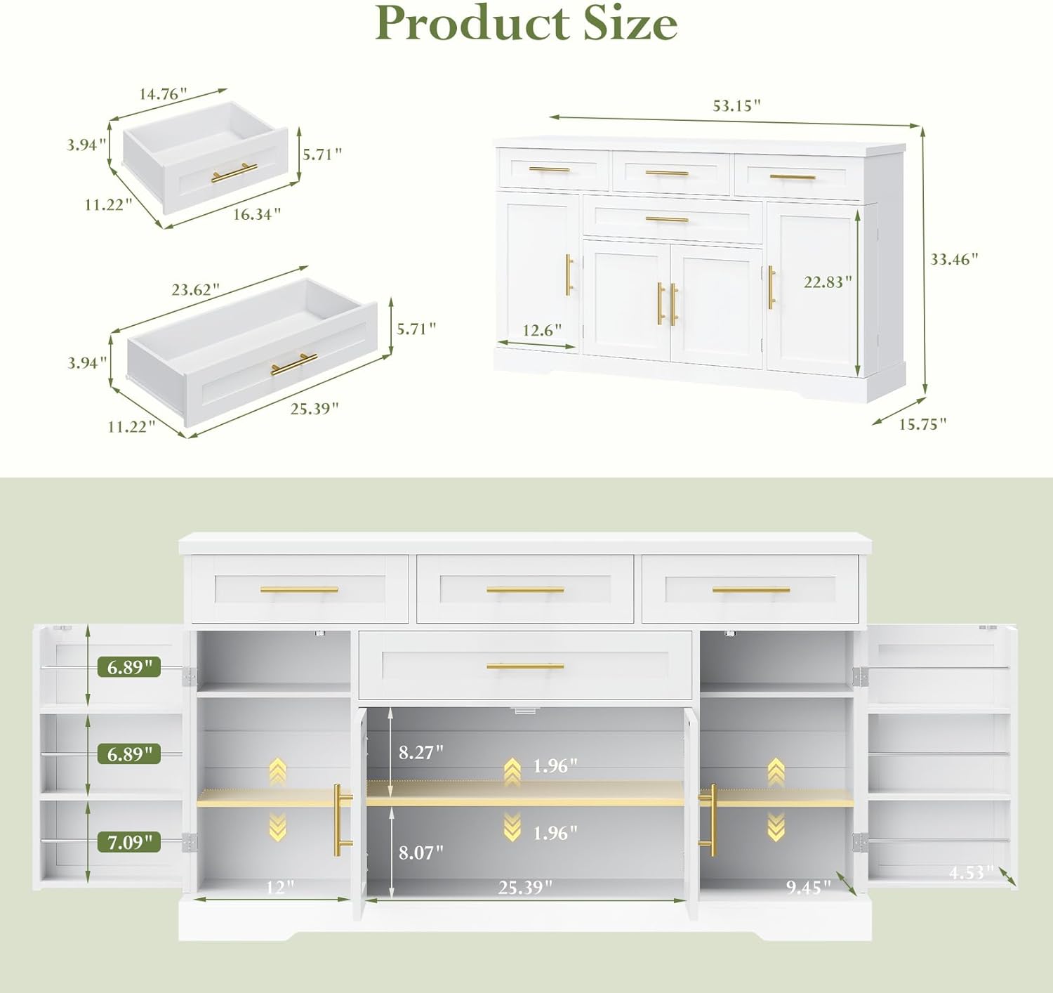 Concho 54" Buffet Cabinet with Storage, Kitchen Sideboards with Adjustable Shelves, Small Coffee Bar Cabinet with 4 Drawers, Modern Kitchen Storage Cabinet for Living Room, White White Medium
