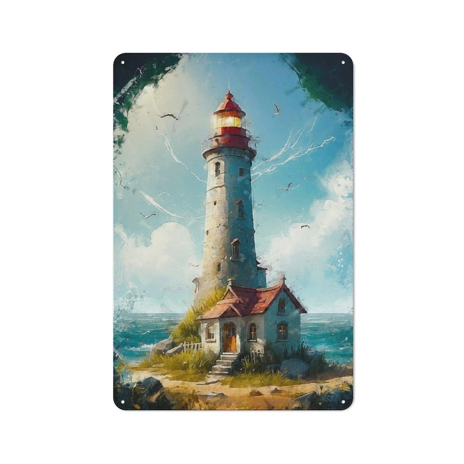 Junmoney The Lighthouse Vintage-Inspired Tin Sign 30X20cm For Café Or Restaurant, For Cooler-Month Interiors With Vintage Character