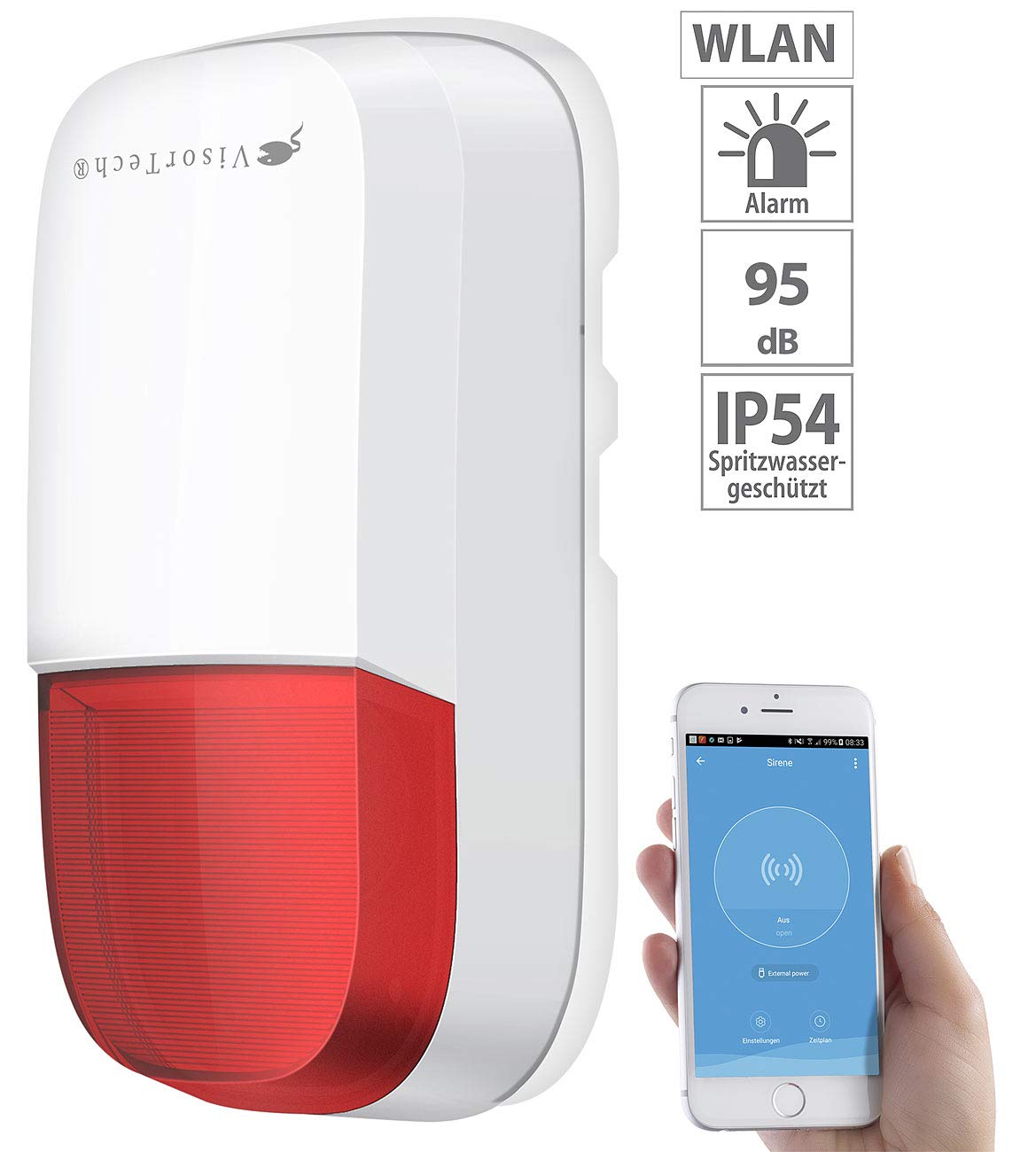 VisorTech Blink Alarm Sirene: WLAN-Outdoor-Sirene mit Blinklicht und 95 dB, IP54, ELESION-kompatibel (WLAN Alarm, Funksirene, außen)