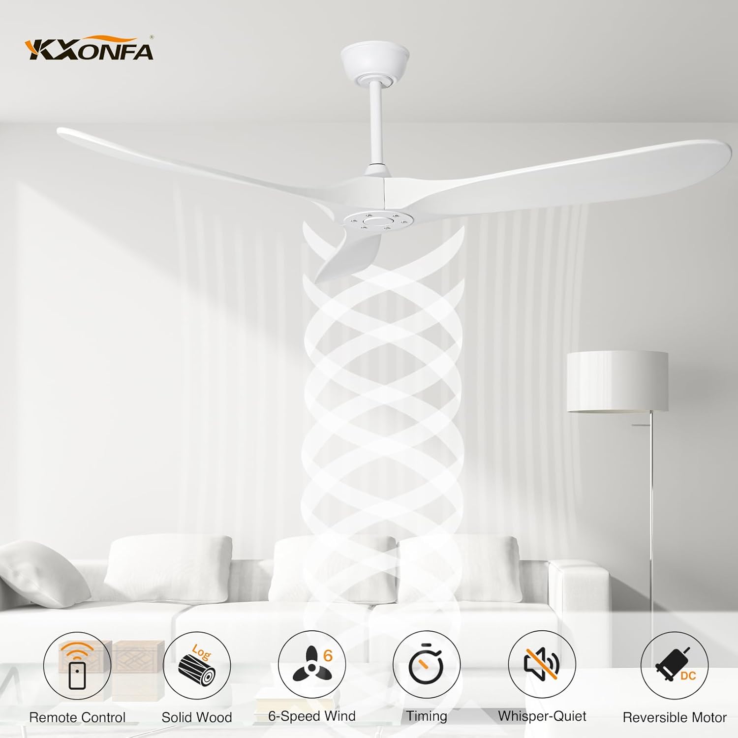 solid wood ceiling fans without light, 72 inch real wood ceiling fan with 6-speeds 3 wood blades, indoor outdoor ceiling fans for garage, farmhouse, living room, bedroom, office white blades 72 inch