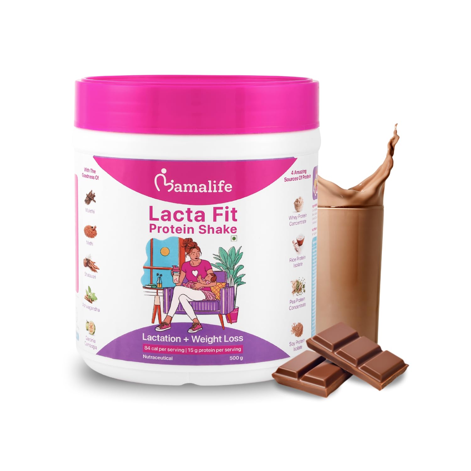 Mamalife Lacta Fit Protein Powder Shake for Feeding Mothers. Postpartum Weight Loss, Better Lactation, Less Body Pain. Whey & Plant Protein Blend. Serving Size 25g. Total 500g per unit. Pack of 1.