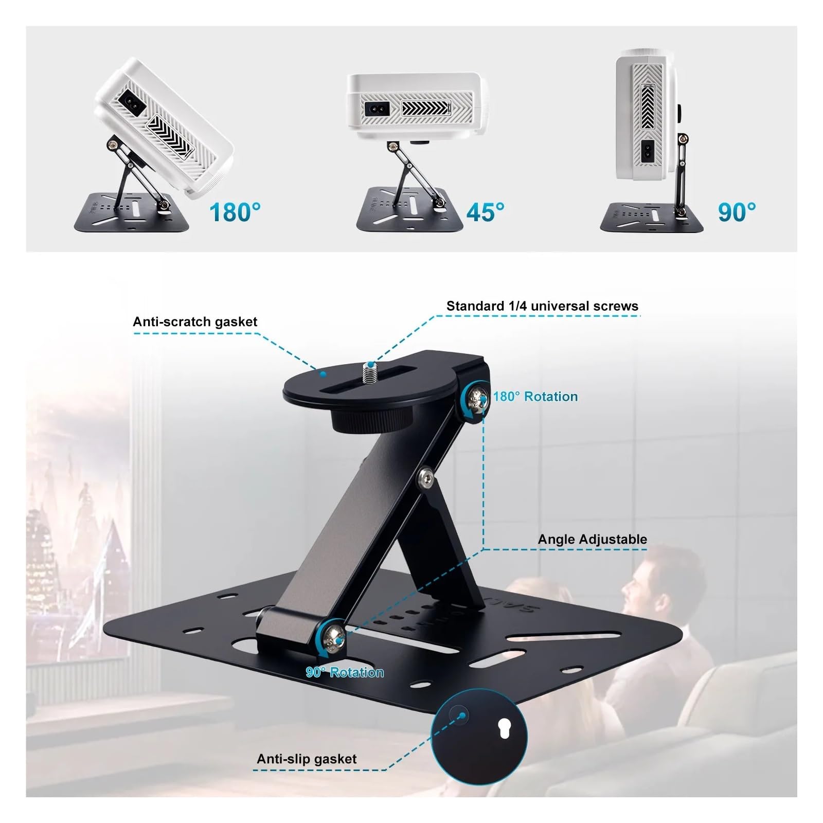 Supporto for Proiettore, Compatibile Con Mini Proiettori Universali Con Vite Da 1/4 Di Pollice | Supporto pieghevole da tavolo e da soffitto con regolazione a 180 gradi(Sliver Holder)