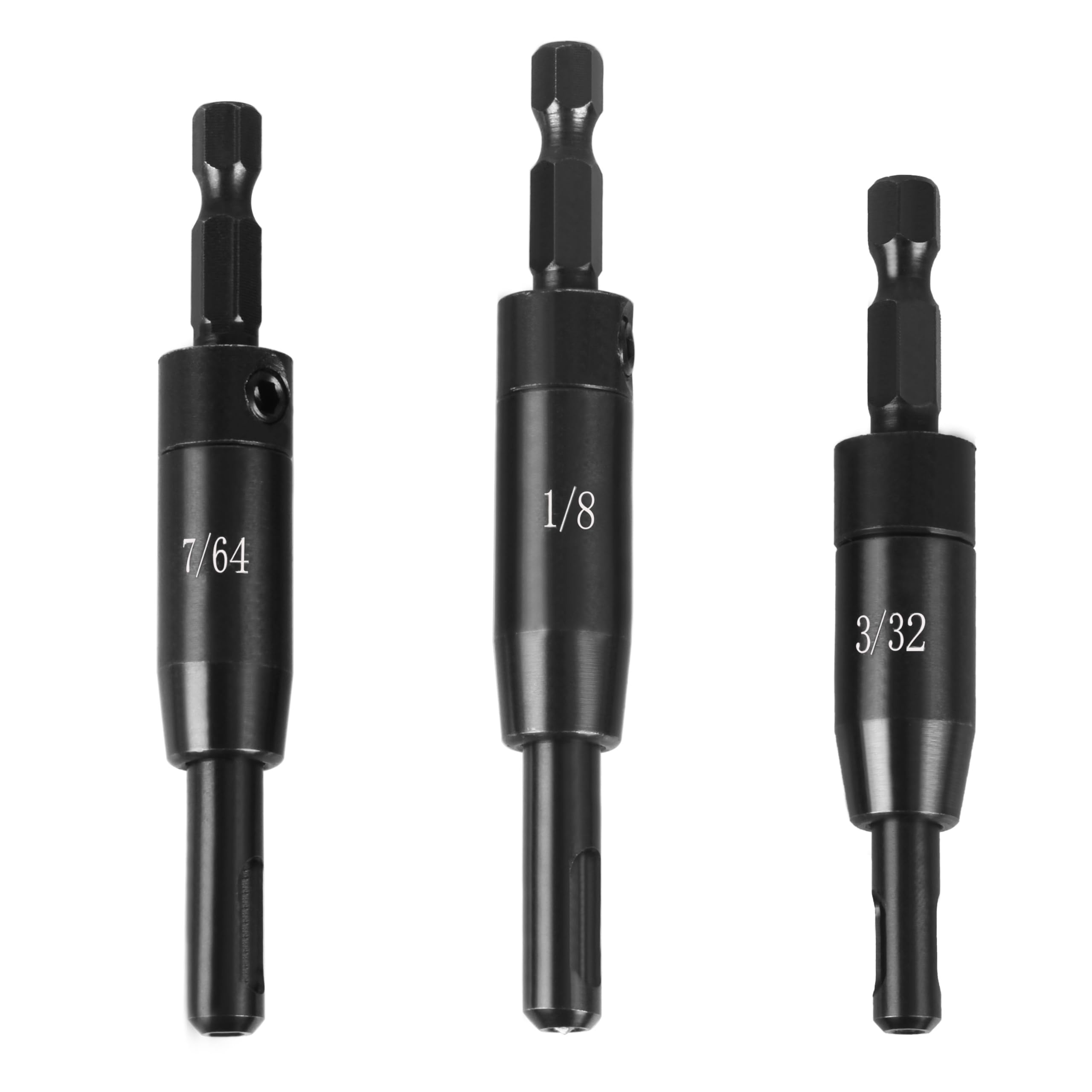 CC2430 Self-Centering Drill Bit Assortment for 1/4 in VIX Bit Clic-Change Hex Shank Drill, 3/32", 7/64", 1/8" Countersink Drill Bits，for Wood and Hole