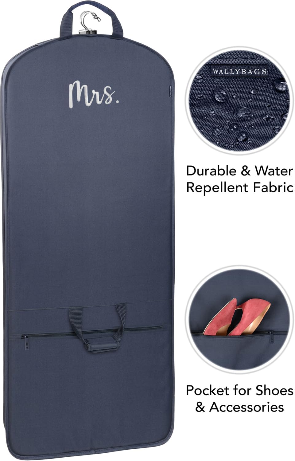 WallyBags 60" Premium Carry-On Tri-Fold Travel Garment Bag with White MRS. Embroidery, Perfect for Dresses and Longer Clothes