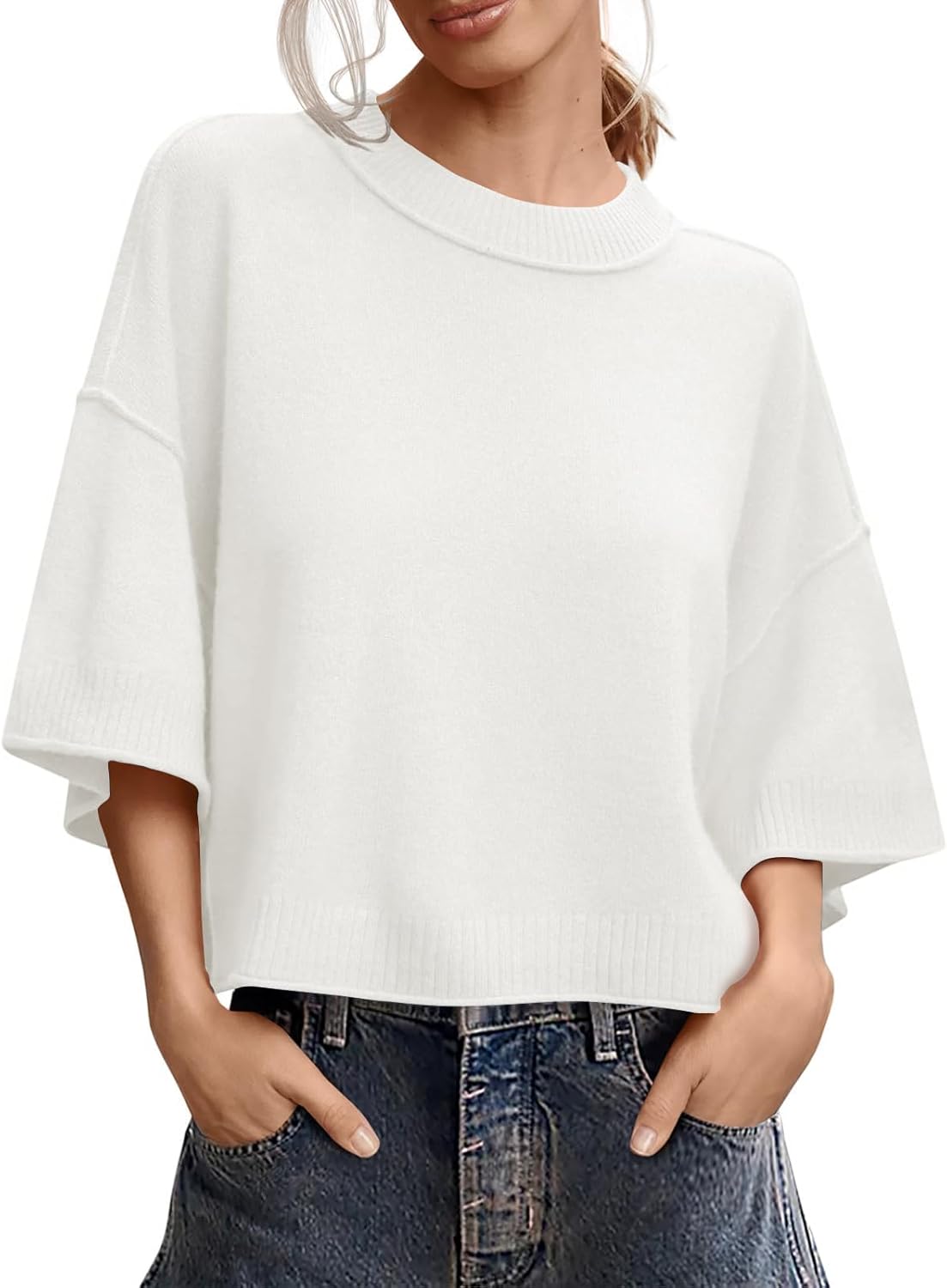 Skoinvb Women's Short Sleeve Cropped Sweaters 2025 Summer Oversized Loose Fit Drop Shoulder Casual Sweater Tops