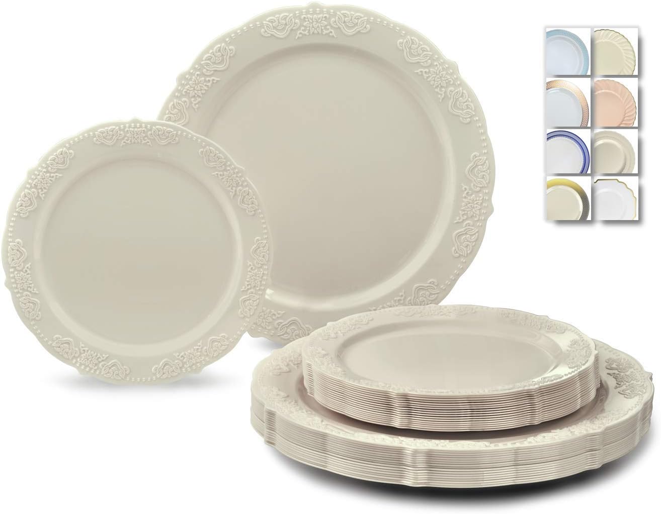 " OCCASIONS " 50 Plates Pack (25 Guests)-Vintage Wedding Party Disposable Plastic Plate Set -25 x 10.25'' Dinner + 25 x 7.5'' Salad/Dessert plates (Portofino Plain Ivory)