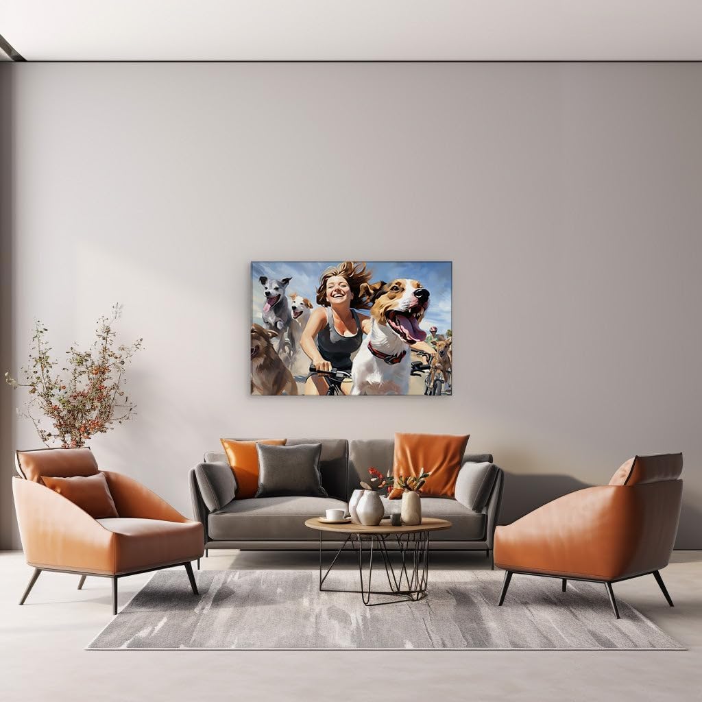 Canvas for Living room. Pedaling to Joy: A Woman's Freewheeling Adventure with Her Canine Companions, 27 x 18 inch Canvas Wall Art - Modern Home Decor