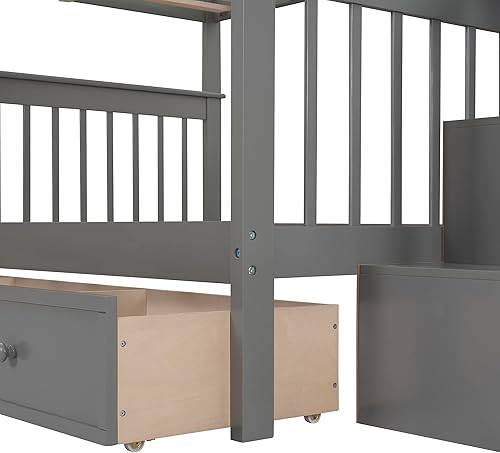 Miniatura 9 de CITYLIGHT Litera de tamaño matrimonial sobre matrimonial con cajones de almacenamiento, base de cama de madera maciza con escalera de almacenamiento