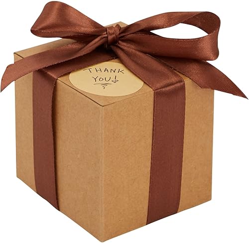 Miniatura 4 de Paquete de 50 cajas de regalo de papel kraft marrón, cajas de 3 x 3 x 3 pulgadas para recuerdos de fiesta con 2 rollos de cinta de satén de 72 pies