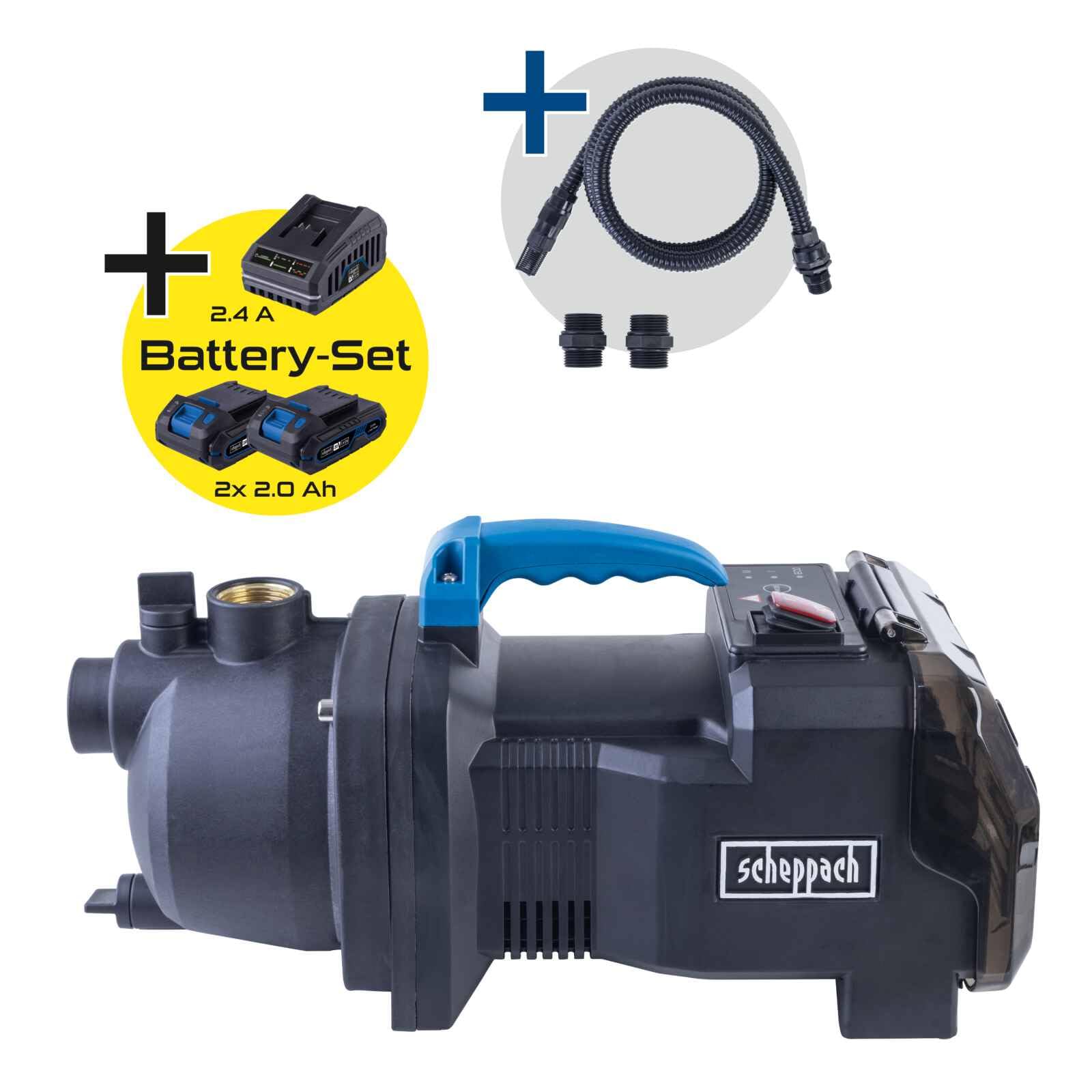 Scheppach Pompe de jardin sans fil C-GP3000-X – SET S2 - Série 20V IXES - débit max 3000 l/h - hauteur de refoulement 25 m - 2 batteries 2Ah + chargeur inclus