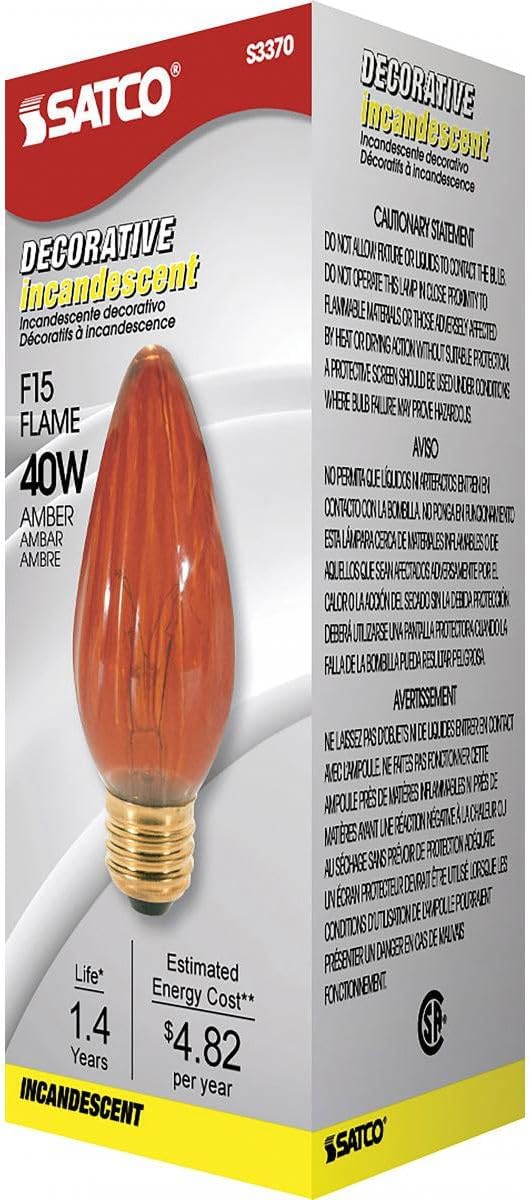 S3370 Amber Decorative Light Bulb; 120V; Medium Base; 40W; F15 Shape; E26; 4.5" MOL; 1.88" MOD; for use in Chandeliers, Wall Sconces, Post Lights, Candle Sticks, and Decorative Fixtures