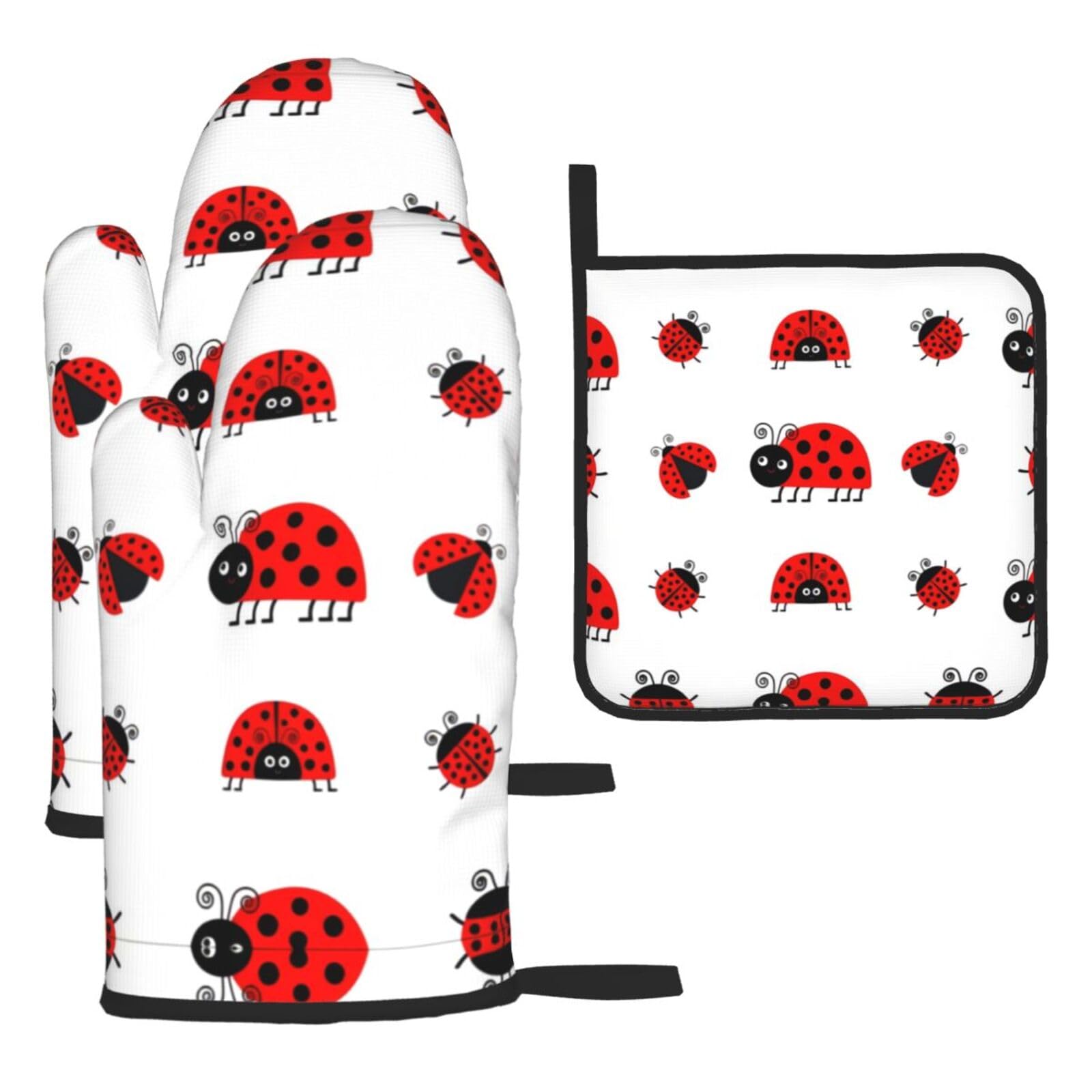 Red Ladybug Printed Oven Mitt Set 3-Piece | Heat Resistant Gloves & Pot Holder Mat for Cooking, Baking & BBQ