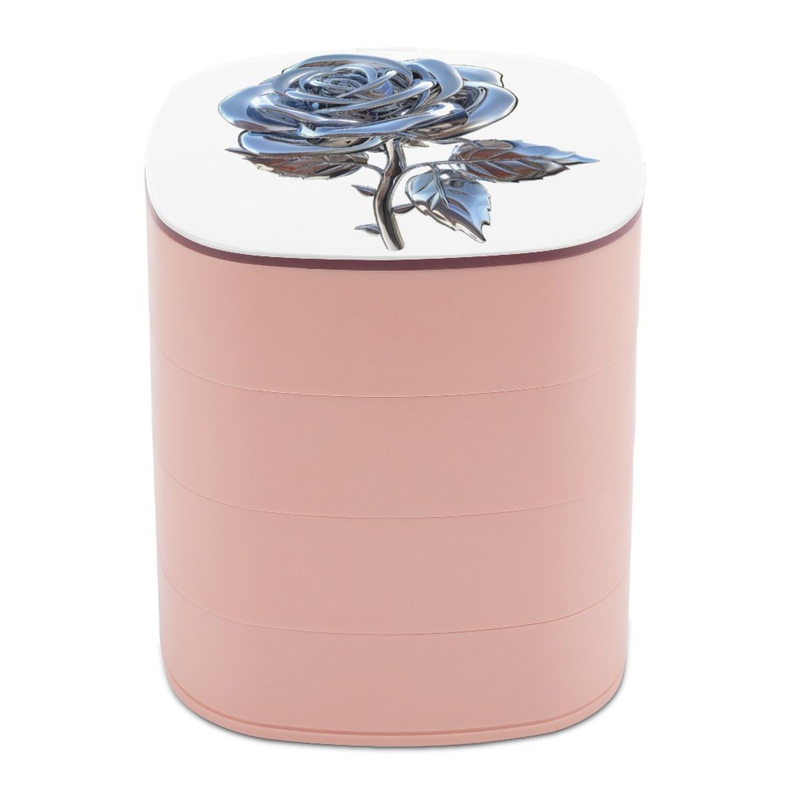 Organisateur de bijoux rotatif motif rose en métal argenté pour ranger bagues et boucles