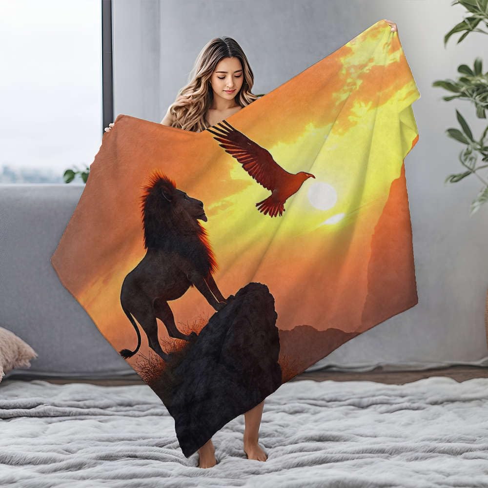Couverture lion et aigle flanelle anti-froid grand plaid lit 150x200