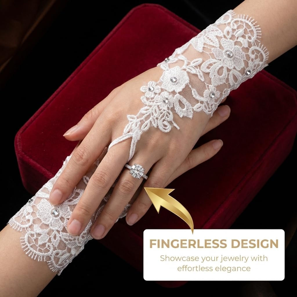 Bridal Lace Fingerless Gloves, White Floral Hollow-Out Design with Rhinestones, Long Length, Wedding Party Accessories, 1 Pair