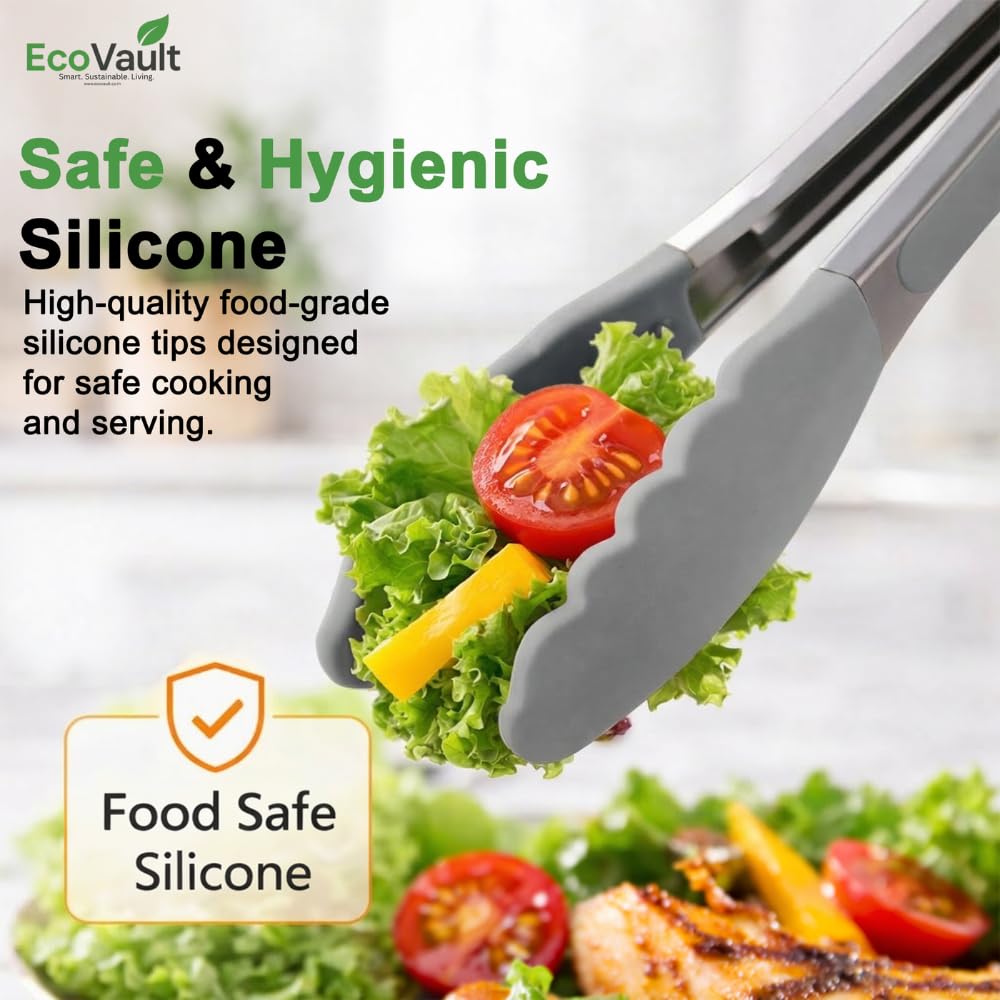 EcoVault Steel & Silicon Food Tongs - Heat Resistant -8 EcoVault Steel & Silicon Food Tongs - Heat Resistant -8