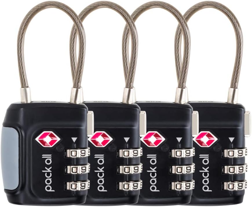 Pack All TSA Lock, 3 Digit Dial Type, Wire Lock, Padlock, TSA Certified, Security Goods, International Travel, Business Trips, Set of 4