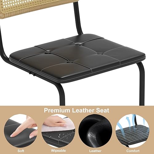 Miniatura 5 de Silla de comedor de ratán, moderna silla resistente de 400 libras con asiento acolchado de cuero genuino y respaldo tejido de ratán, silla tapizada