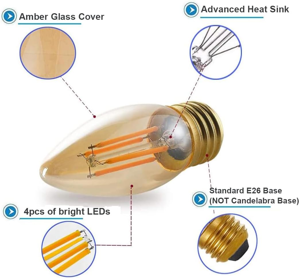 LED Filament Chandelier Bulb 4W, Vintage Classic Edison Style, E26 Standard Base Amber Glass Light Bulbs, Gold Tint Round Tip, 40W Equivalent, Ultra Warm White 2200K, Pack of 6