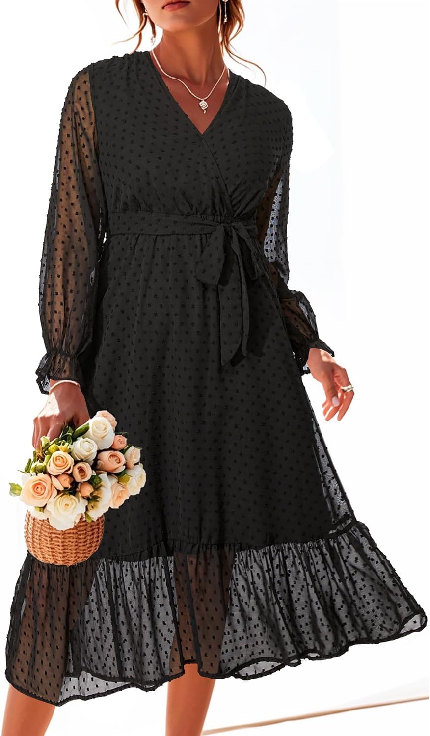 Women's Fall Long Sleeve Spring Dress Wrap V Neck Swiss Dot Casual A-Line Midi Dresses with Belt - Image 2