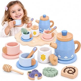 Wooden Blue Tea Set Toys - Kids Pretend Play - Tea Party Set with Tea Cup Set and Play Kitchen Accessories - Montessori Toys - Cooking Set - Gift Set for Girls Boys