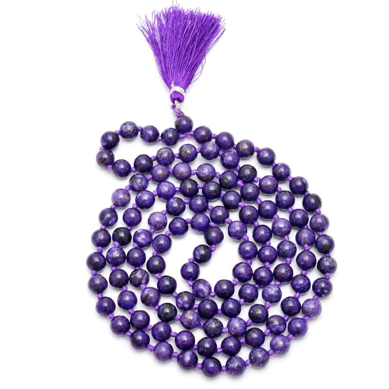 Collar natural AAA azul charoita Japa Mala, cuentas de oración Mala, 108 piedras preciosas de cianita Mala, Mala budista, Mala anudada a mano de 6 mm