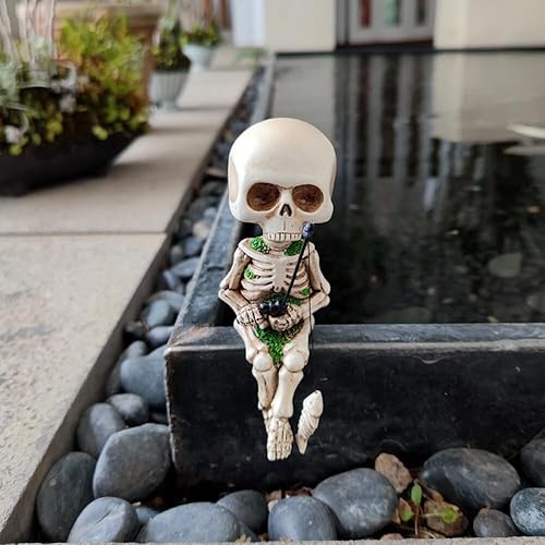 Miniatura 8 de 2 adornos de esqueletos de pesca para jardinería, estatua de esqueleto de pesca, figuras de resina, figuras de Halloween, estatuas de calavera de