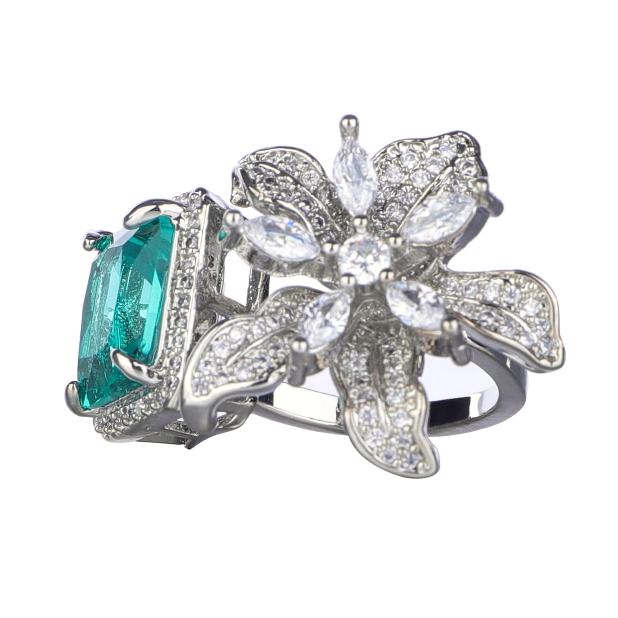Kercisbeauty Statement Zircon Emeral Green Crystal Flower Sterling Silver Plating Silver Open Ring Jewellery for Wedding Brides Women Girls Sparkle Rhinestones