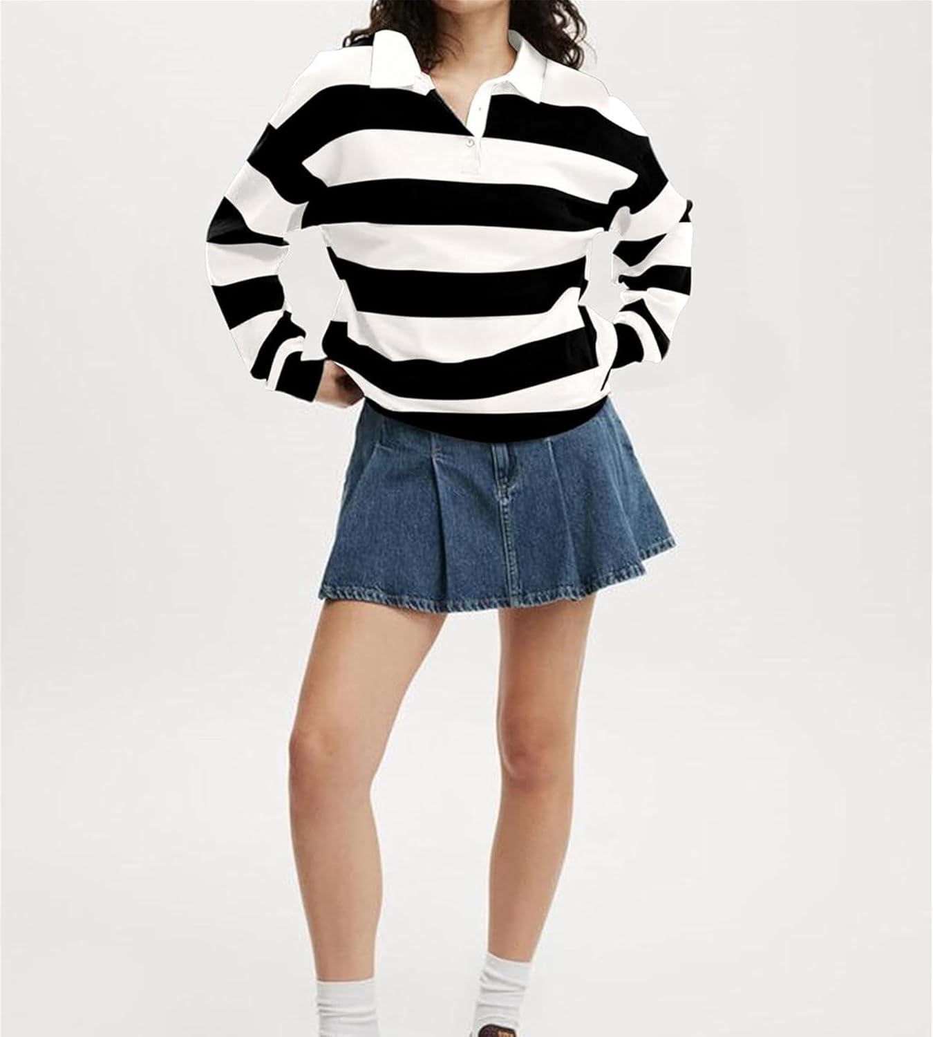 BONVEN Womens Y2k Oversized Striped Polo Sweatshirts Long Sleeve V Neck Shirts Summer Casual Trendy Work Tops - Image 3