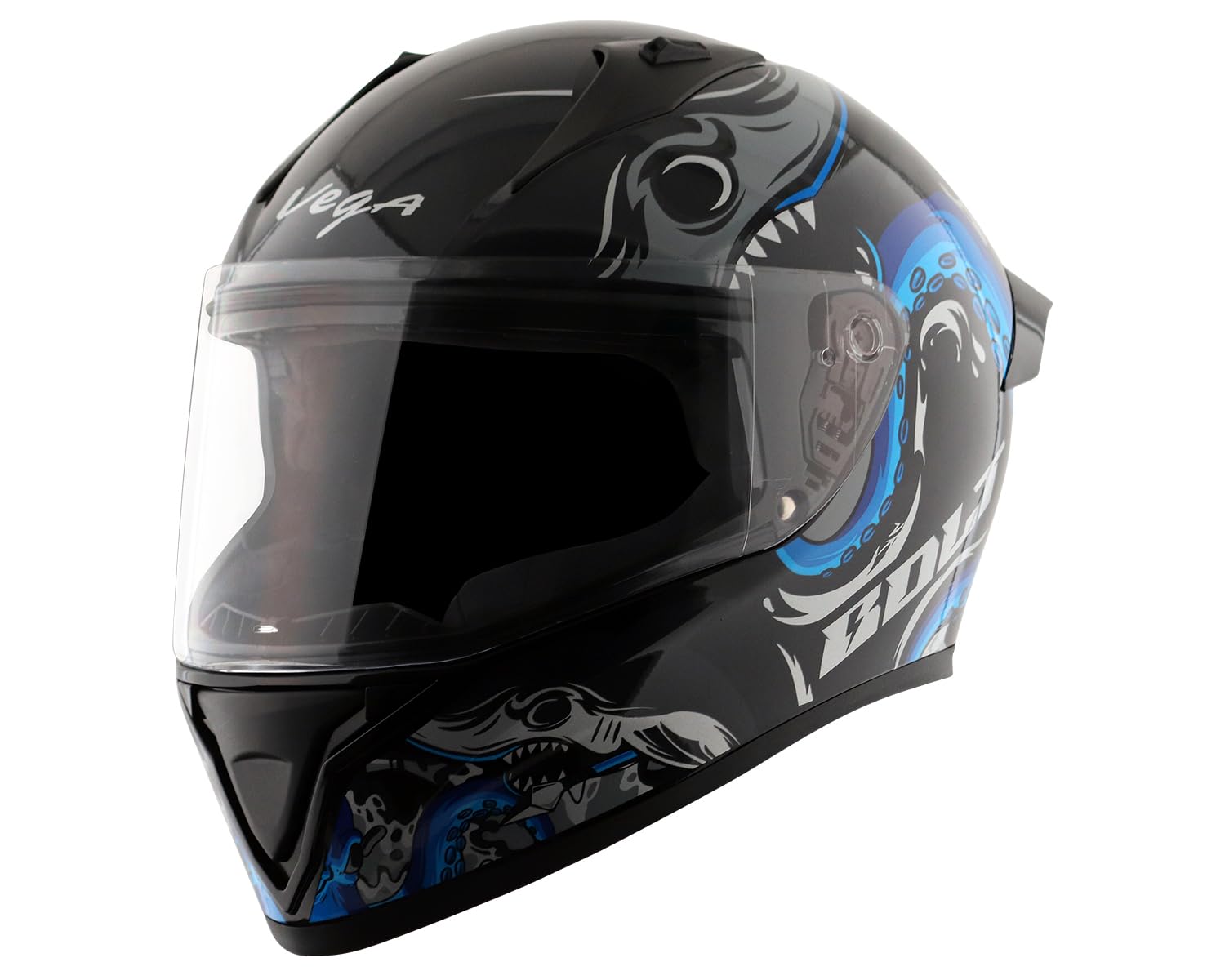 VegaBolt Octopus ISI DOT Certified Full Face Gloss Finish Helmet for Men and Women with Clear Visor(Black Blue, Size:M)