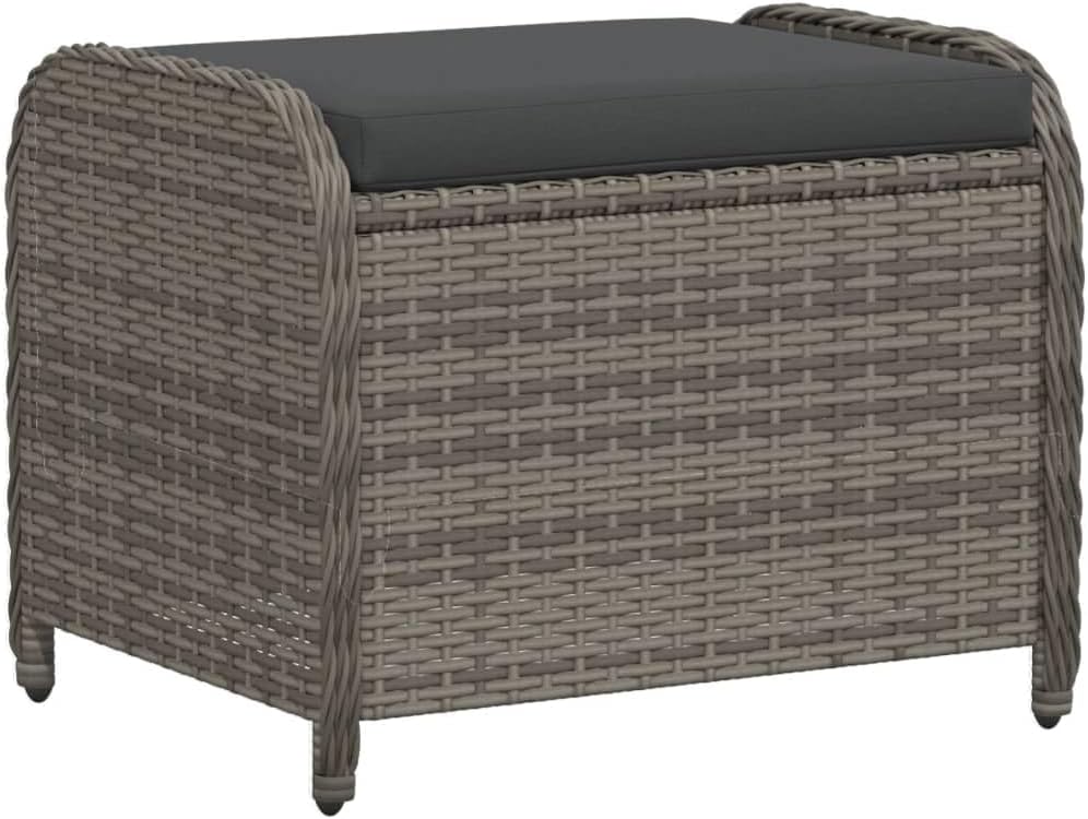 vidaXL Gray Poly Rattan Patio Stool with Cushion - Removable Cover, Weather-, Powder-Coated Steel Frame - 22.8" x 18.1" x 18.1" Outdoor Seating for Garden, Patio, Deck