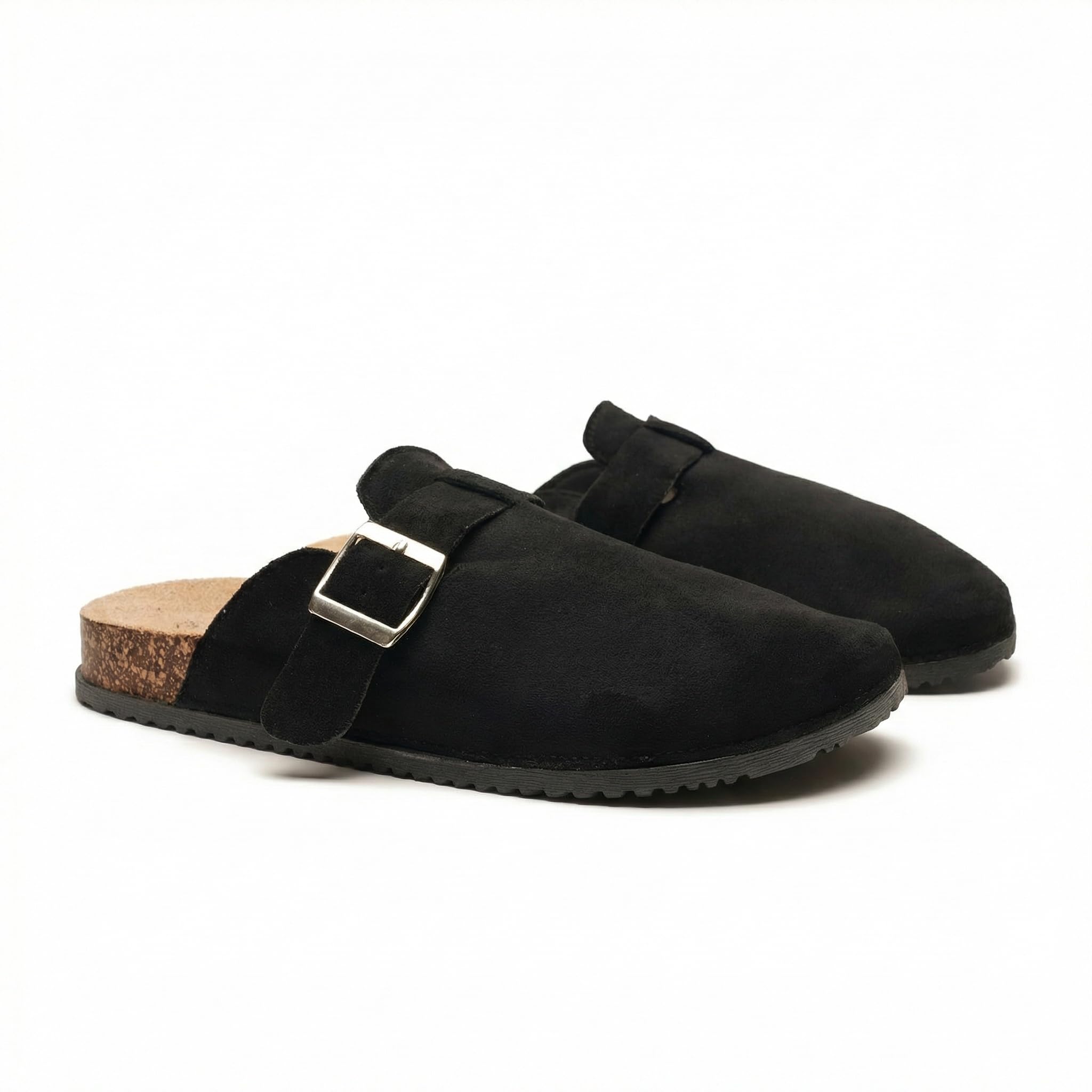 GLAMORA Zuecos Mujer Cerrados con Hebilla Ajustable, Ante, Planos, Cómodos, Casual, Plantilla Anatómica de Corcho, Suela Antideslizante, Sin Cordones
