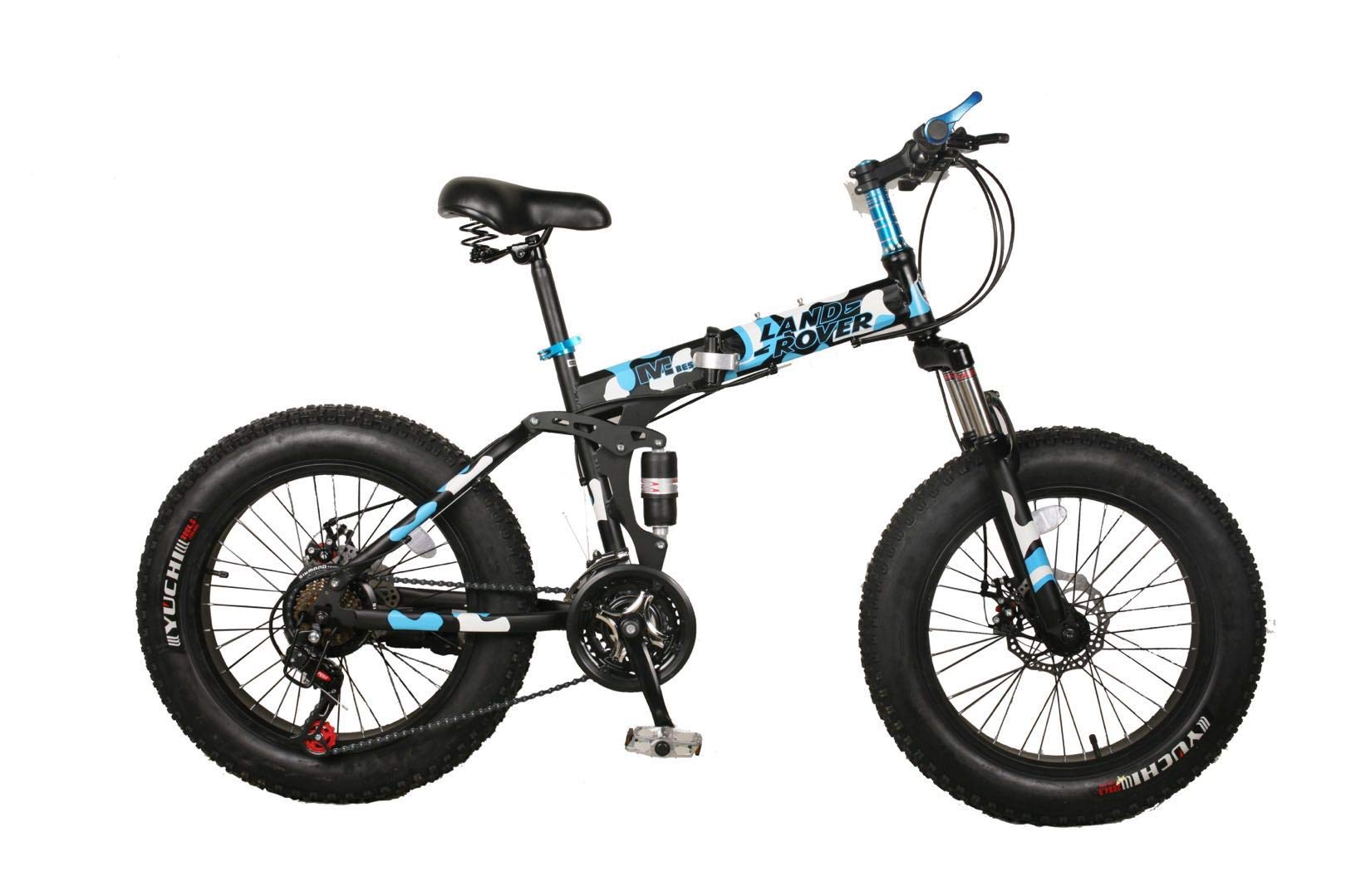 VLRA 20 inch Land Rover Fat Tire Mountain Bike, Black with Blue Accents, Disc Brake System, Wide All-Terrain Tires 21 speed