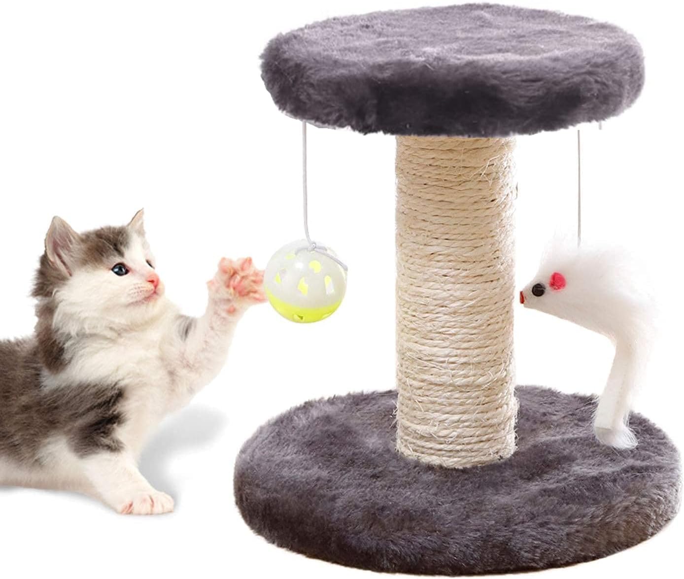 Cat Scratching Post and Small Cat Tree Natural Sisal Tower with Round Perch and Plush Ball Furniture Made for Small Cat, Kitten Relax Tree -Grey