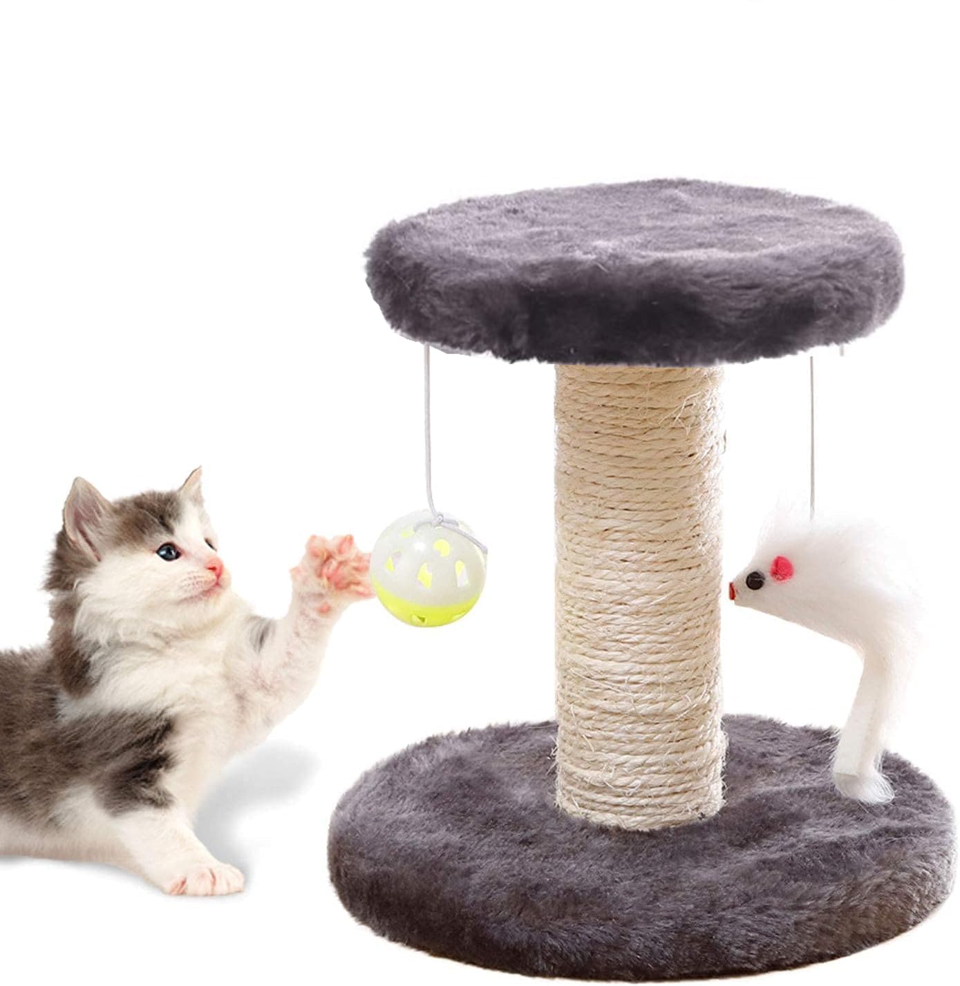 Cat Scratching Post and Small Cat Tree Natural Sisal Tower with Round Perch and Plush Ball Furniture Made for Small Cat, Kitten Relax Tree -Grey