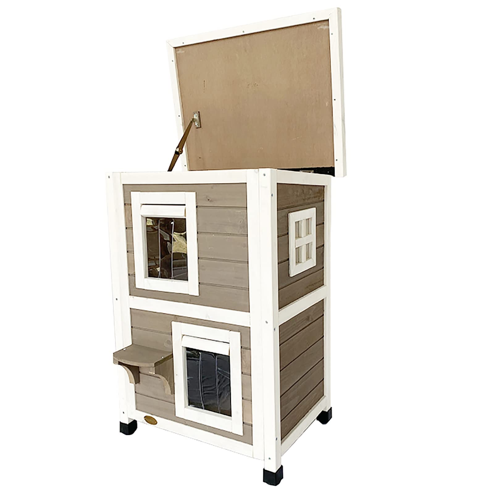 Casas Y Condominios for Gatos de 2 Niveles, Caseta Gatos Exterior Invierno, Casa de Madera for Gatos Al Aire Libre, Techo Resistente Al Agua, Refugio for Gatitos, Perrera con Puerta Y Ventana