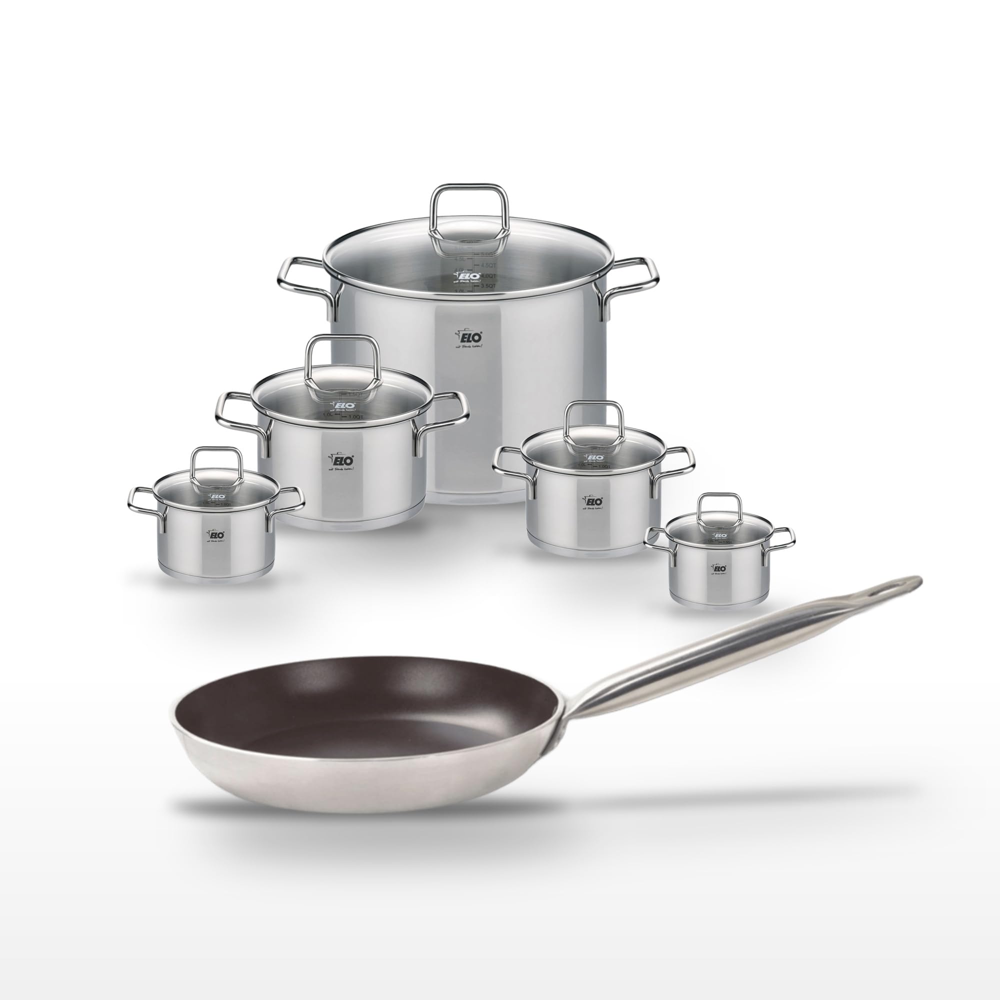 Elo Batterie cuisine 1 poêle 32 cm et 5 faitouts 12/14/16/20/26 cm | Lot complet pour équiper la cuisson, Poêle 32 cm et 5 faitouts, Aluminium et inox, 12 à 26 cm, Induction four lave vaisselle