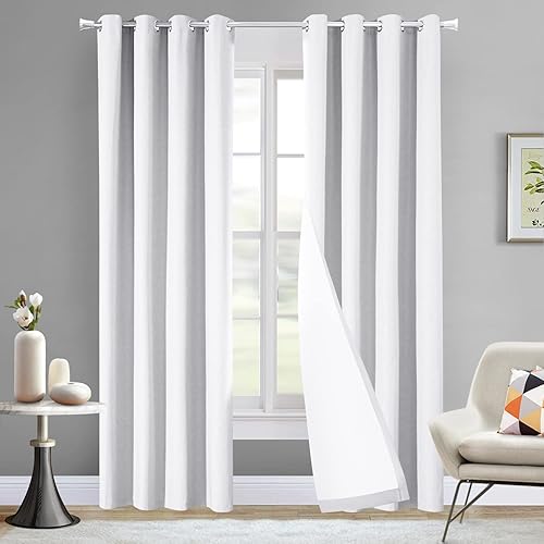 LOYOLADY Pure White Blackout Curtains 102 inches Long 2 Panel Set, Linen Texture Pattern Blackout Curtains for Bedroom, Grommet Thermal Window Curtains & Drapes 52" W x 102" L
