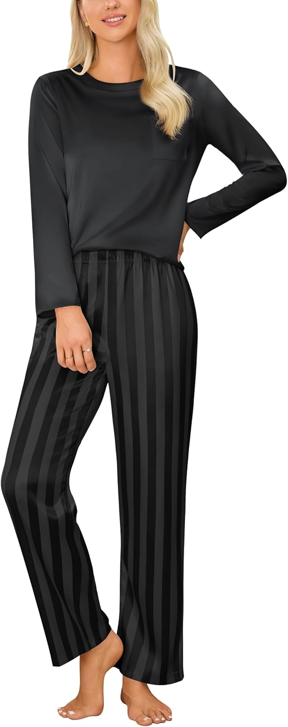 Blooming Jelly Silk Satin Pajamas for Women 2 Piece Long Sleeve Pj Set Crew Neck Sleepwear Loungewear