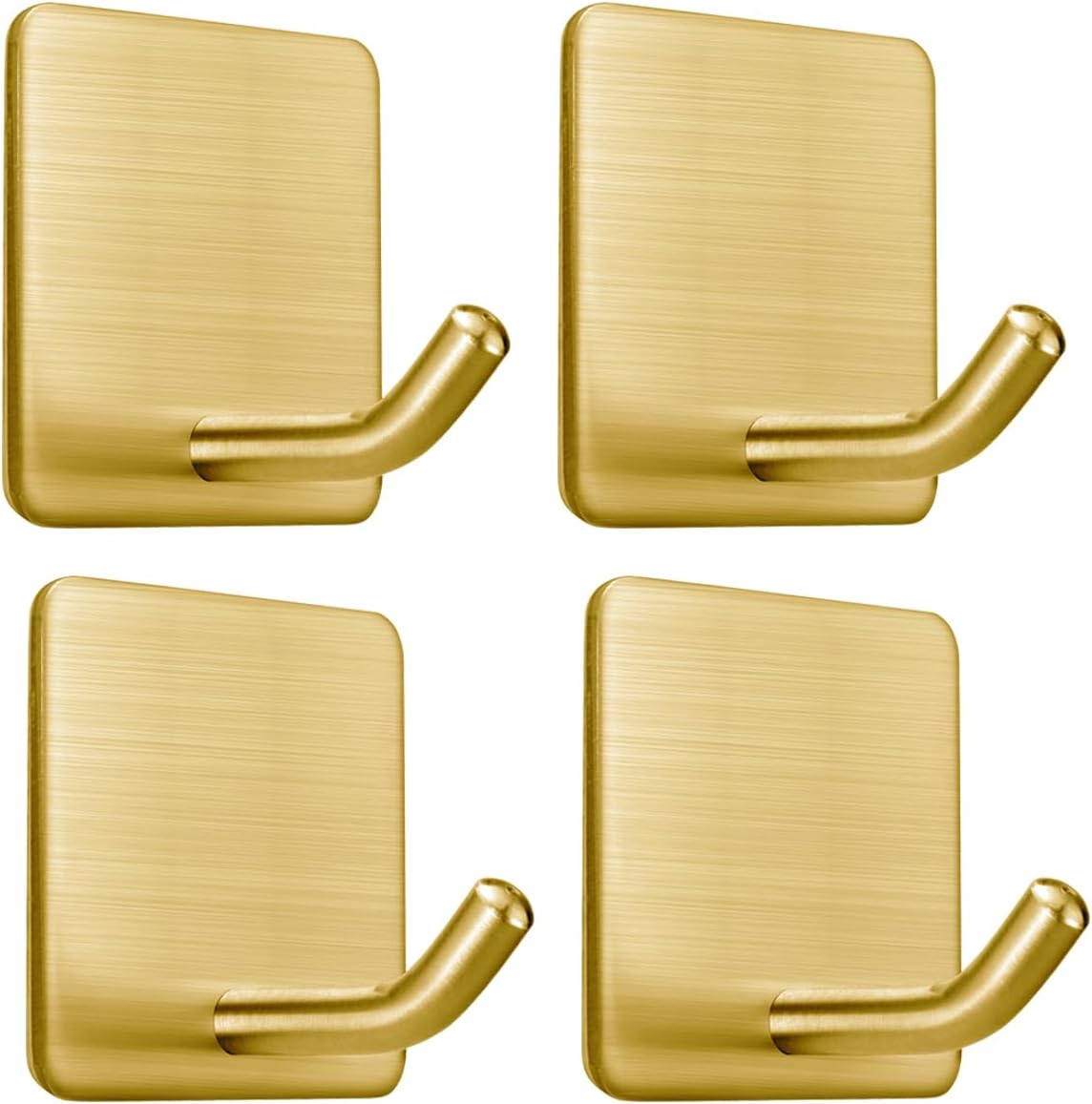 FOTYRIG Golden Stainless Steel Square Self Adhesive Hooks - Extra-Long Anti-Slip with Upgraded Adhesive, Holds 15lb Heavy Duty Wall Hooks for Kitchen, Bathroom, Garage -4 Packs