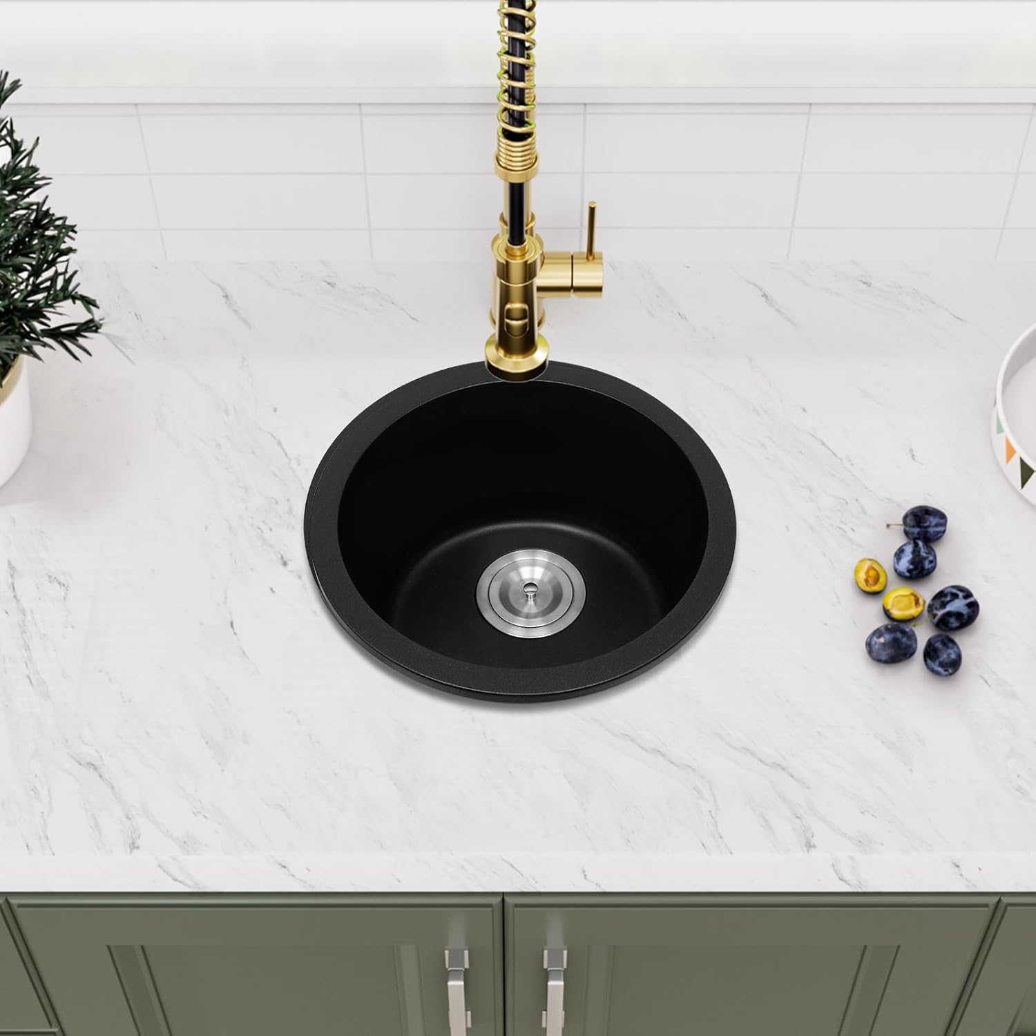 Davivy 15 Inch Black Round Bar Sink,15x15 Dual-Mount Small Granite Bar Prep Sink, Quartz Composite Single Bowl Design with with Bottom Grid & Strainer