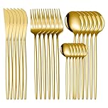 24-Piece Cutlery Set, Stainless Steel Flatware Set,Tableware Silverware Set for 6 with Spoon Knife and Fork Set Service,Dishwasher Safe/Easy Clean/Mirror Polished(Gold/700g/petite and Compact)