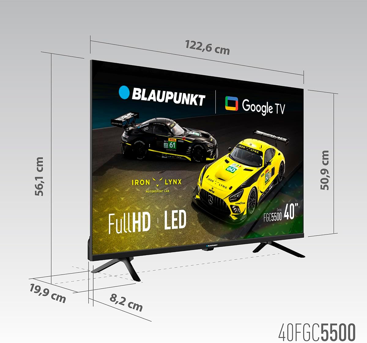 Dimensional diagram of the Blaupunkt 40FGC5500S 40-inch Full HD Google TV.