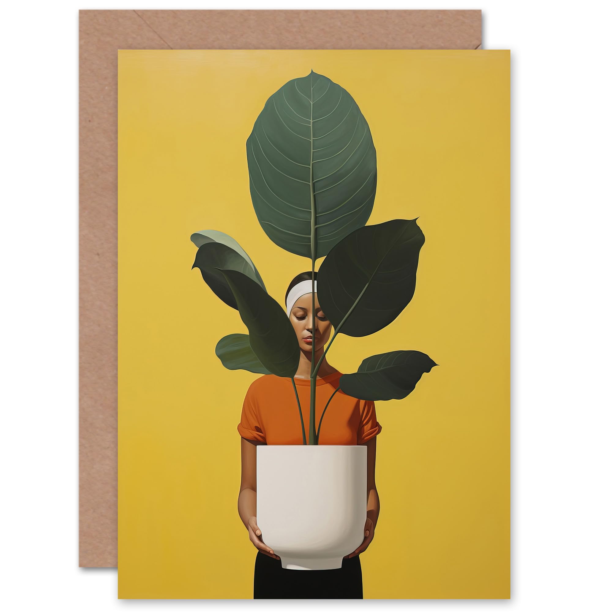 Artery8 Rubber Tree Woman With Plant Greeting Card - Yellow