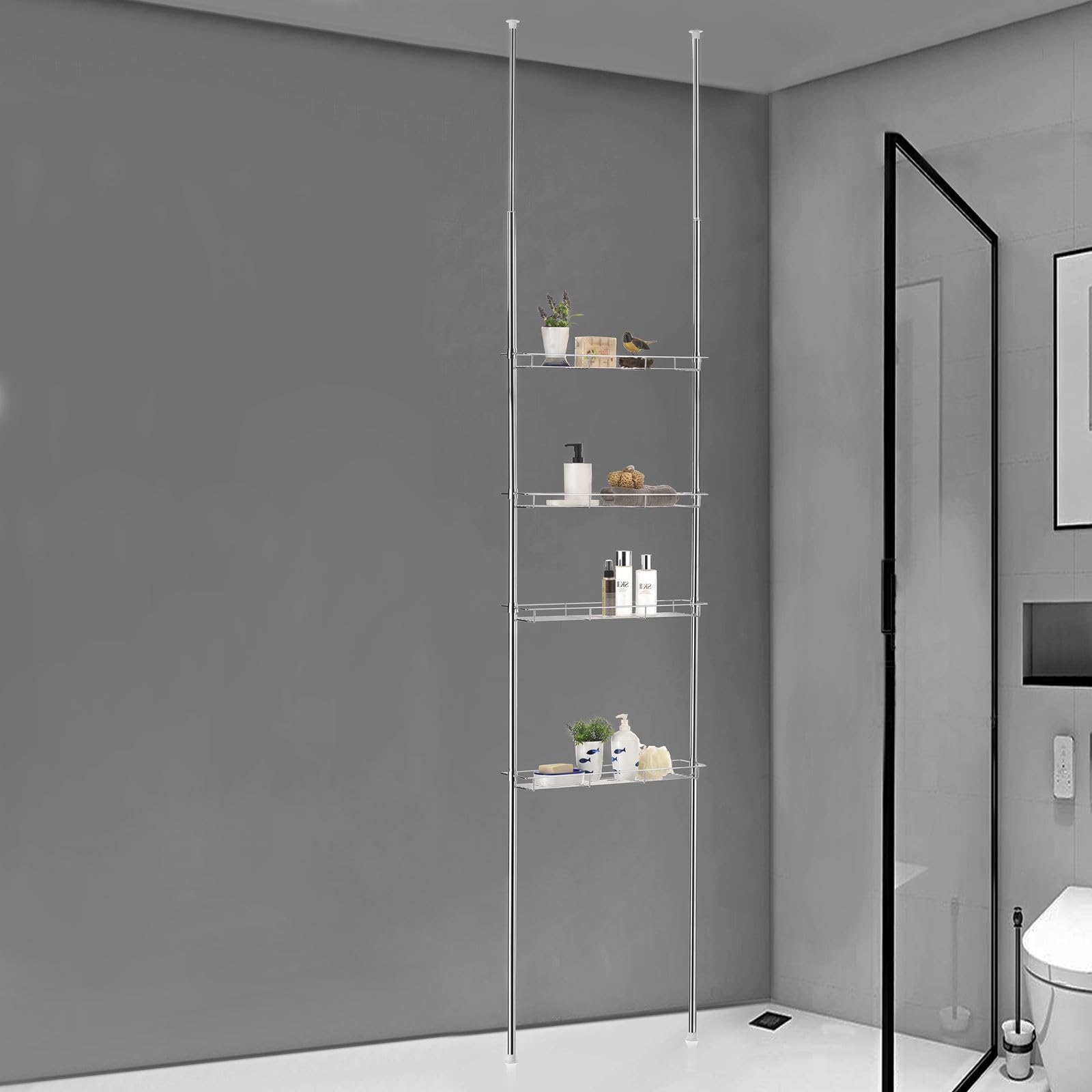 Mensola Doccia Angolare Telescopica Senza Foratura - 4 Cestini Acciaio Inox Regolabile - Foto 5